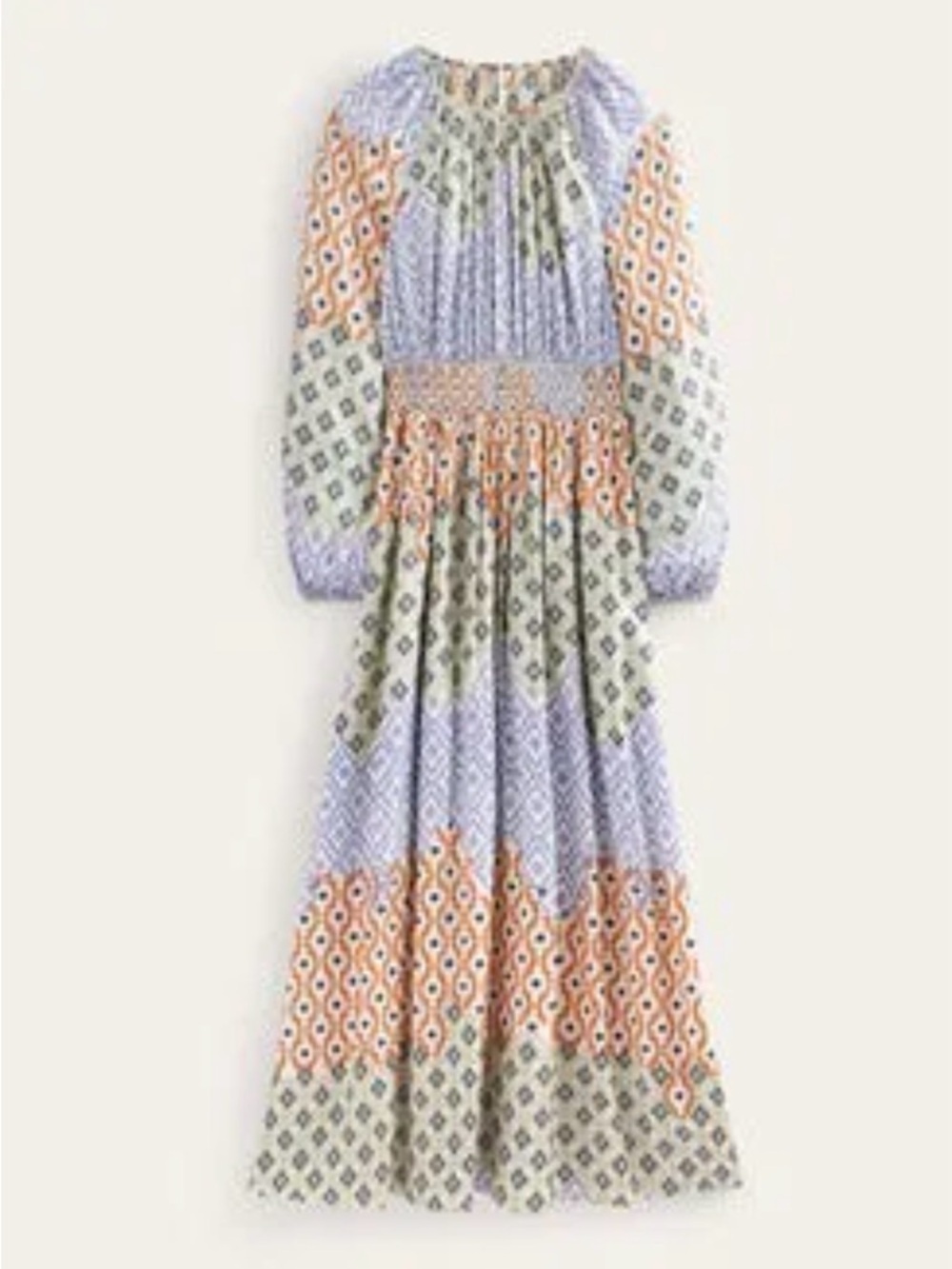 Boden Smocked Waist Maxi Raglan Dress Silk Blend Geometric Mosaic US 4L